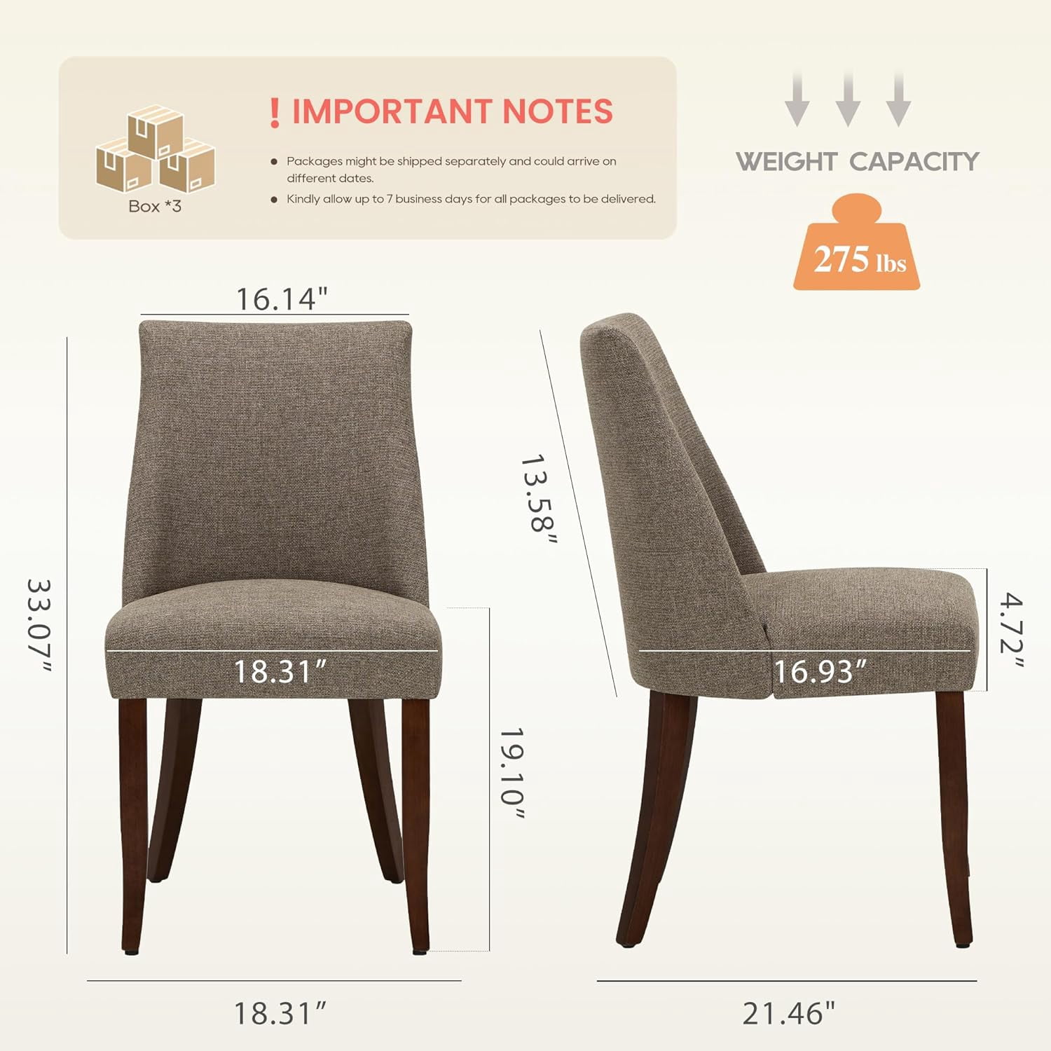 EOP Upholstered Dining Chairs Set of 6, Mid Century Modern Fabric Side Chairs with Solid Wood Legs, Comfortable Kitchen & Dining Room Chairs for Home, Restaurant Use, Brown