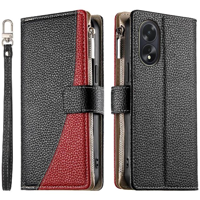 Funda cartera GANGXUN para OPPO A18/A38 , cuero PU con tarjetero, cremallera, correa de mano, soporte y protección 415°