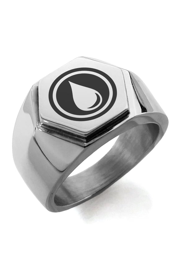 Stainless Steel Water Element Rune Engraved Hexagon Crest Flat Top Biker Style Polished Ring