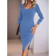 thumbnail image 3 of Women 2025 Summer Ribbed Short Sleeve Bodycon Maxi Dress Side Slit Knit Square Neck Long Sundress Blue M, 3 of 7