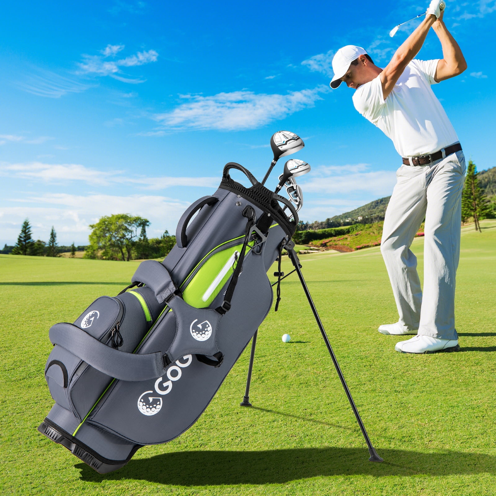 Gymax 8-Way Golf Stand Bag w/ 5 Pockets Lightweight Portable Golf Club Bag Handles Grey