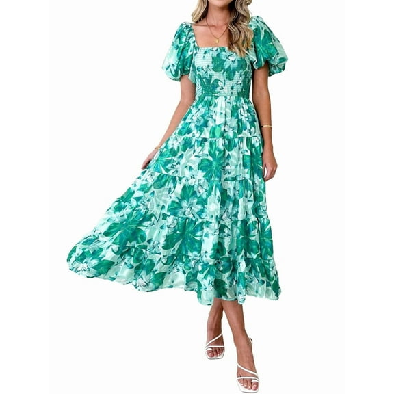 Women'S Summer Casual Midi Dress Puffy Short Sleeve Square Neck Smocked Tiered Ruffle Dresses Green Flowers M