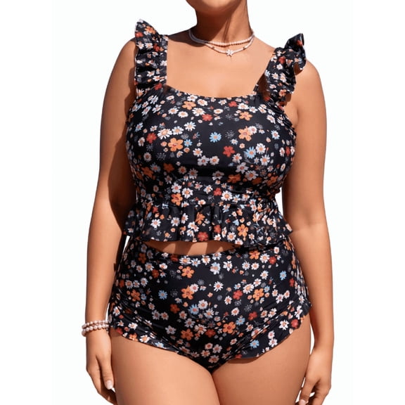 Women's Plus Size Black Ditsy Floral Print Ruffled Bikini Set – Flounce Tank Top with High Waisted Bottoms for Beach & Pool