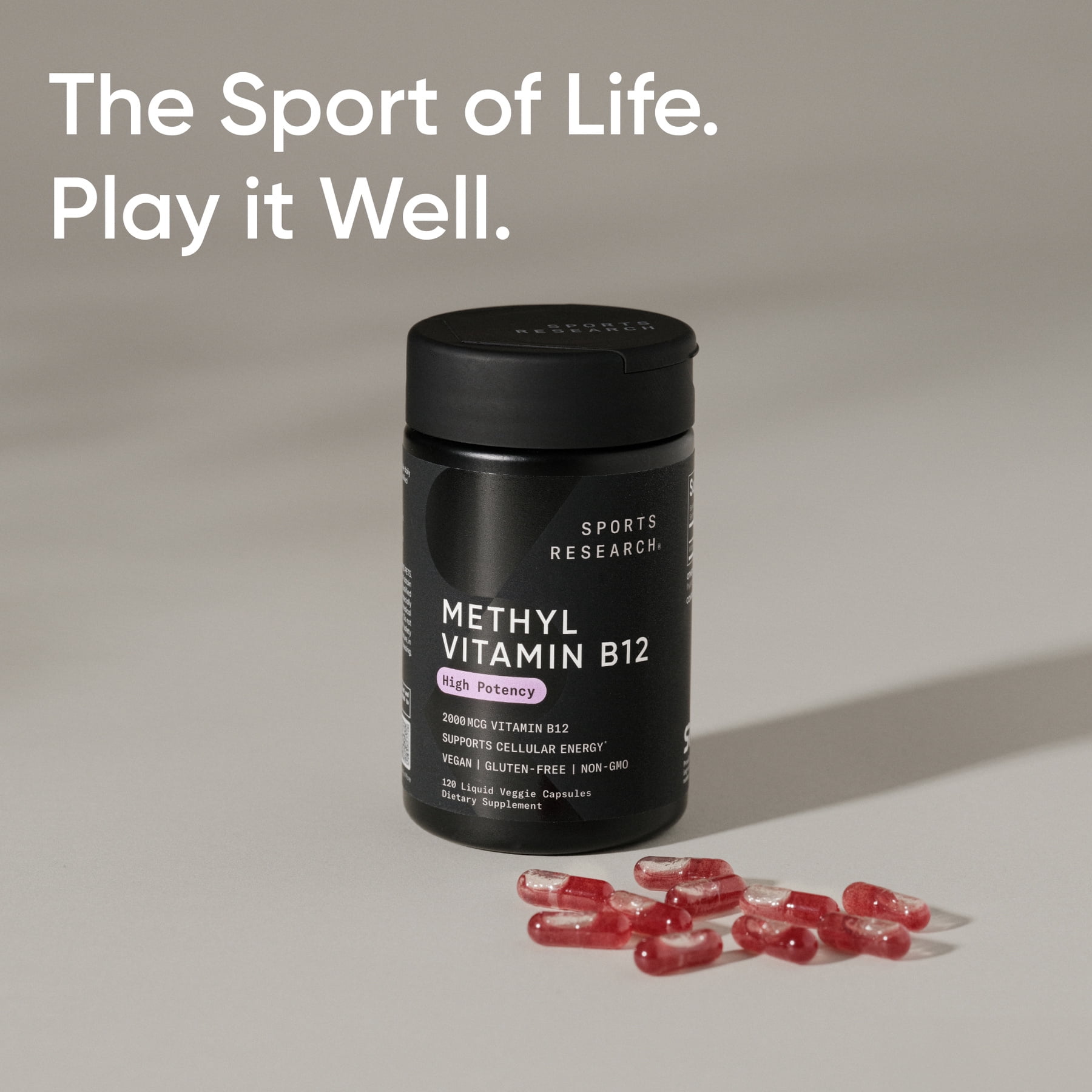 Sports Research® Vitamin B12 (Methylcobalamin) 5000mcg (High Potency) + Coconut MCT Oil for Energy Support Vegan Certified Non-GMO Gluten Free 120 ct