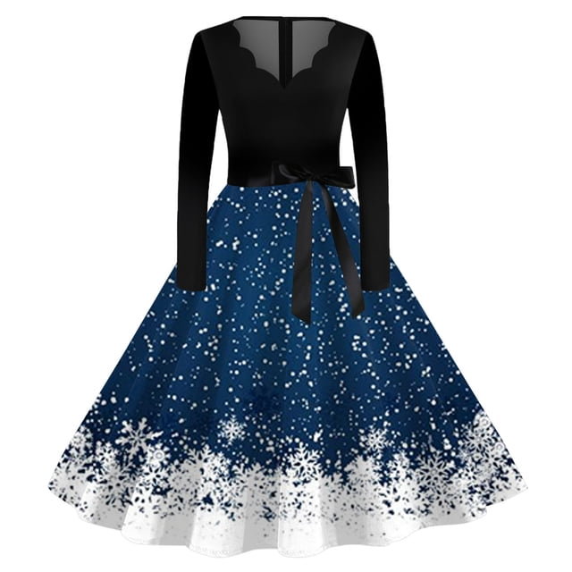 Robes de Fête de Noël pour Femmes Imprimé de Noël Col en V Manches Longues (Taille : TG)