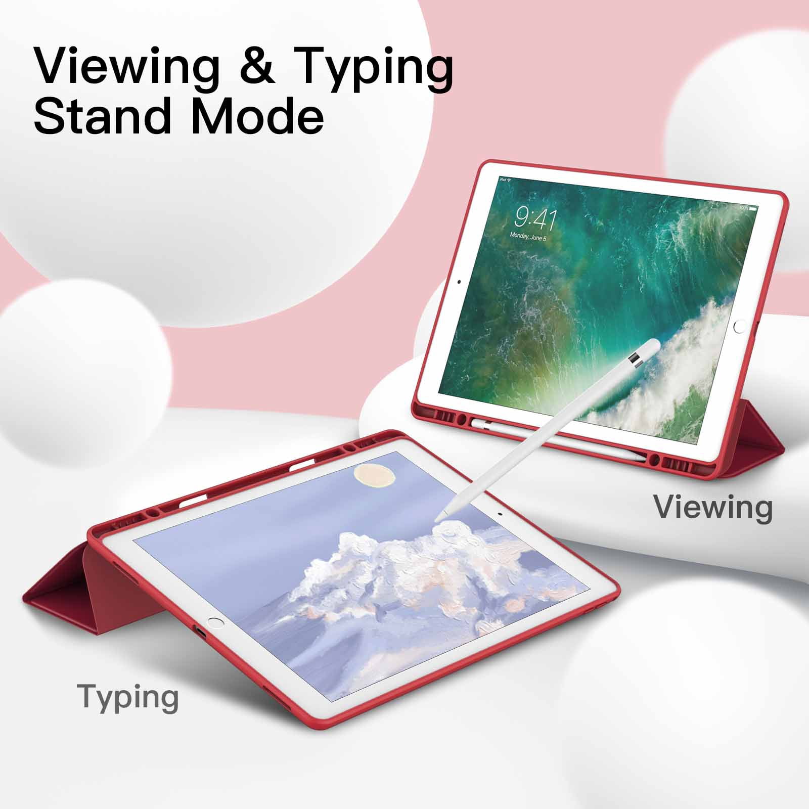 JETech Case for iPad Pro 12.9 Inch (2015/2017 Model, 1st/2nd Generation) with Pencil Holder, Slim Tablet Cover with Soft TPU Back, Auto Wake/Sleep (Red)