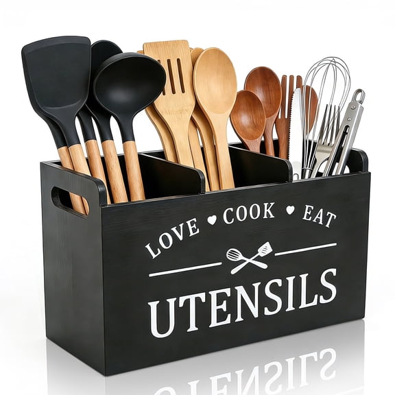 dykaae Wooden Kitchen Utensil Holder, Utensil Storage Organizer with 3 Compartments and Drainage Bottom Cooking Utensil Holder for Kitchen Countertop, Farmhouse Kitchen Decor