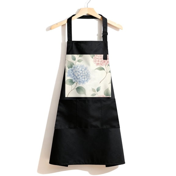 RKSupls Waterproof Bib Apron with 3 Pockets, Pink Hydrangea Flowers Butterfly Adjustable Neck Strap Soft 100% Polyester Water Resistant Apron for Kitchen Restaurant Home Use