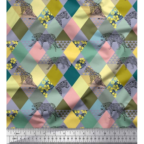 Soimoi Poly Georgette Fabric Leopard & Argyle Patchwork Print Sewing Fabric Yard 42 Inch Wide