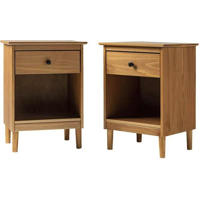 Table de Chevet en Bois Massif Style Mid-Century avec 1 Tiroir en Caramel (Ensemble de 2)