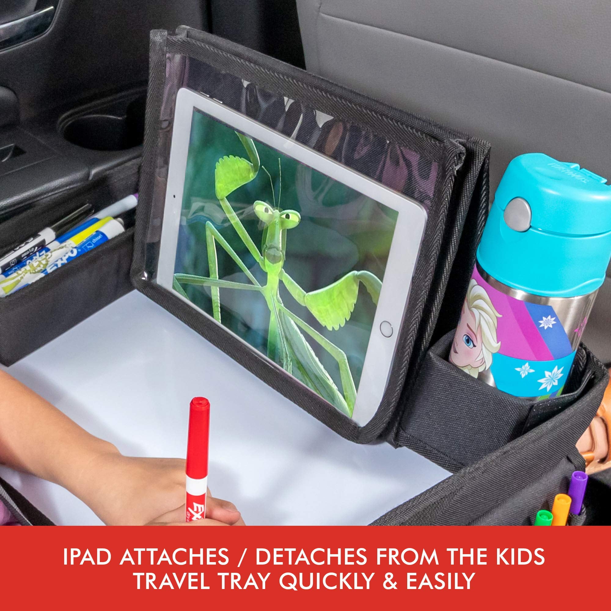 No-Drop Tablet iPad Holder Stand & Art Supplies Storage Pockets 1 Unit, Gray+Red Inspire Active Toddlers & Big Kids for Years w/Dry Erase Board & Eating Snack Tray Kids Car Seat Travel Tray 