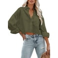 thumbnail image 2 of Womens Button Down Cropped Shirts Long Sleeve Casual Crop Tops Solid Lapel Blouse Shirt with Chest Pocket, 2 of 10