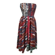 Mogul Womens Maxi Skirt Vintage Silk Sari Two Layered Printed Beach Dress