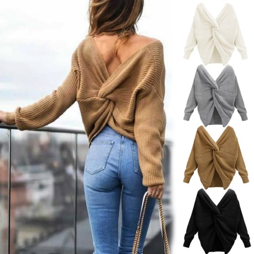 Koszal Solid Color V Neck Twisted Back Knot Sweater Women Long Sleeve Jumper Pullover Walmart