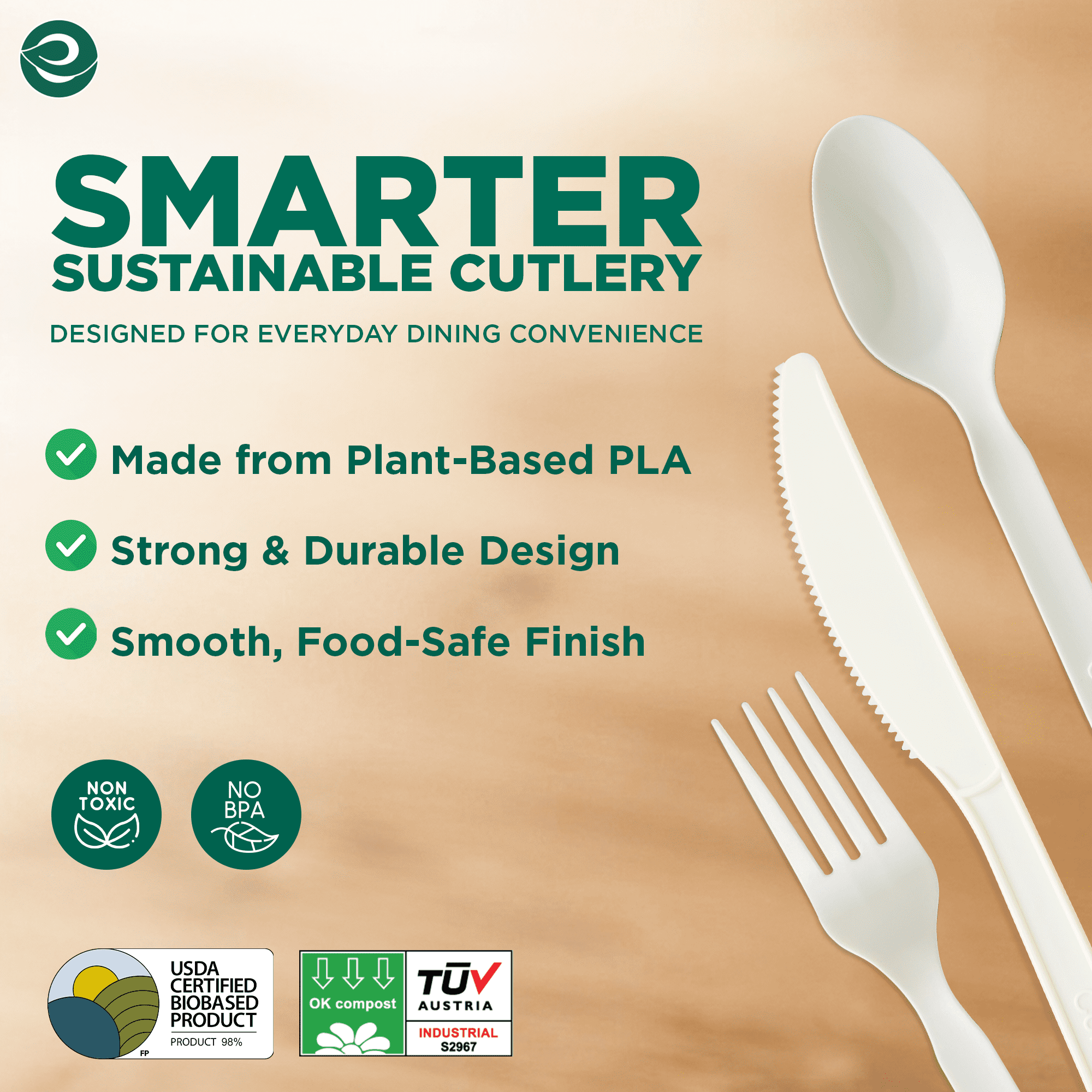 (3 pack) ECO SOUL Plant-Based Compostable Cutlery Set – Forks, Spoons, Knives – 24 Count