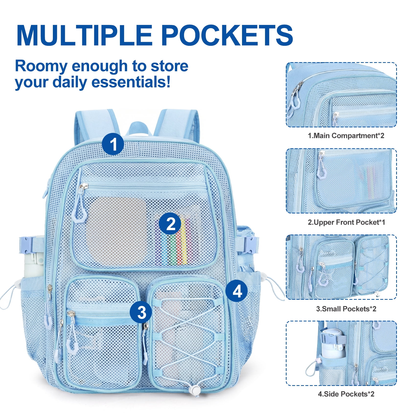KOITHOT Mesh Backpack Heavy Duty, Stadium Approved Multi-Pocket Beach Backpacks for Adults, See Through Transparent Mesh Bookbag for School & Travel(Blue)