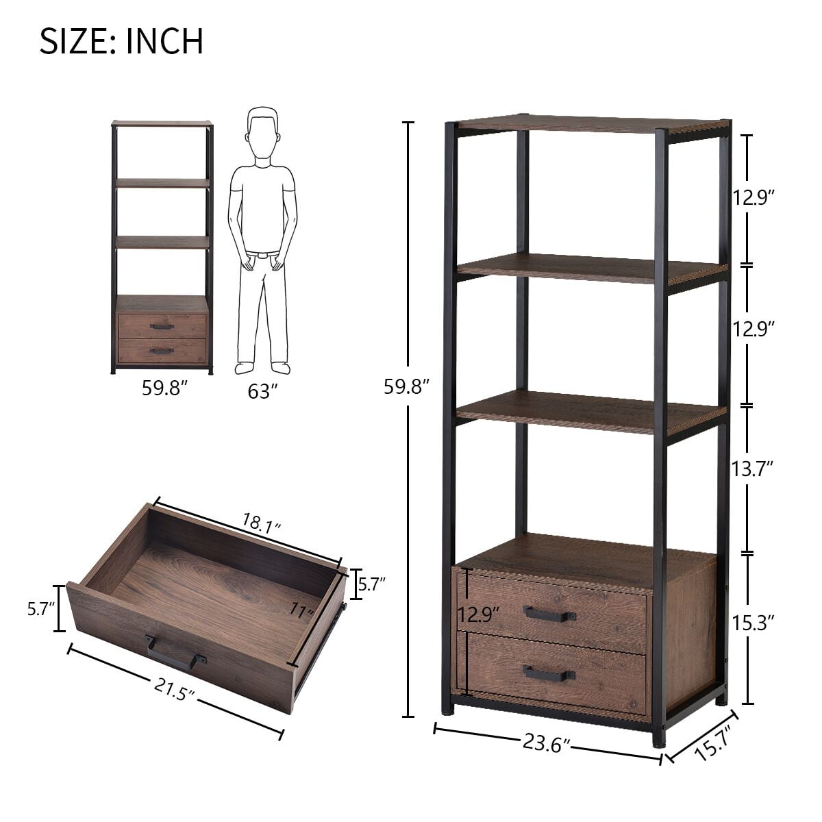 Kepooman 4-Tier Rustic Standing Bookshelf with 4 Open Storage Shelves & 2 Drawers, 23.6"L x 15.7"W x 59.8"H, Brown Kepooman 4-Tier Rustic Standing Bookshelf with 4 Open Storage Shelves & 2 Drawers, 23.6"L x 15.7"W x 59.8"H, Brown