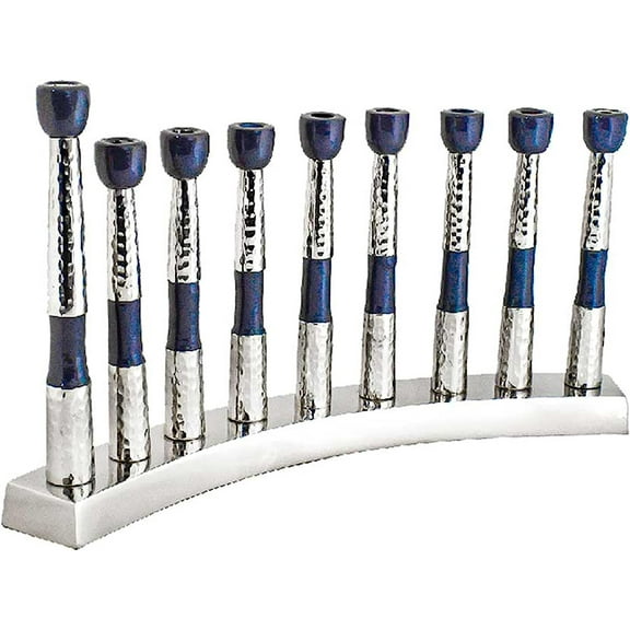 Artistic Curved Pillars Candle Menorah Nickel Plated High Polish Hanukkiah with Elegant Hammered & Enamel Detailing Formation Minorah for Chanukah Fits Standard Hanukah Candles (Blue)