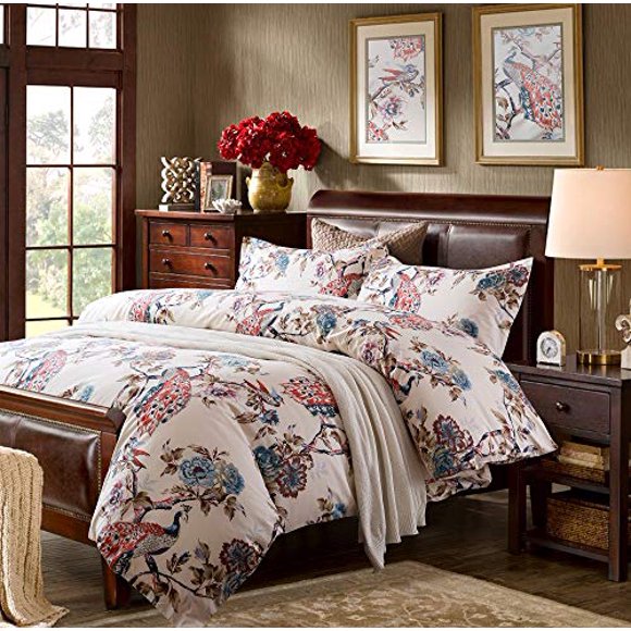 Eikei Oriental Garden Majestic Peacock Bird Floral Duvet Cover Chinoiserie Chic Asian Style Blooming Trees Vines and Branches Long Staple Cotton 3pc Bedding Set (Creamy White, King)