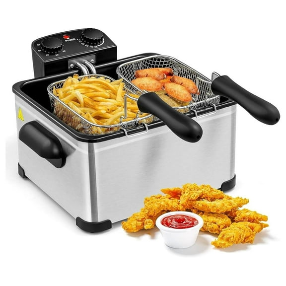 Deep Fryer with 2 Baskets, 5.3 Qt/5L Electric Fryer with Adjustable Temperature & Timer, Removable Oil-Container & Lid w/View Window, Stainless Steel Large Deep Fryers for Home Use, Kitchen 5.3Qt