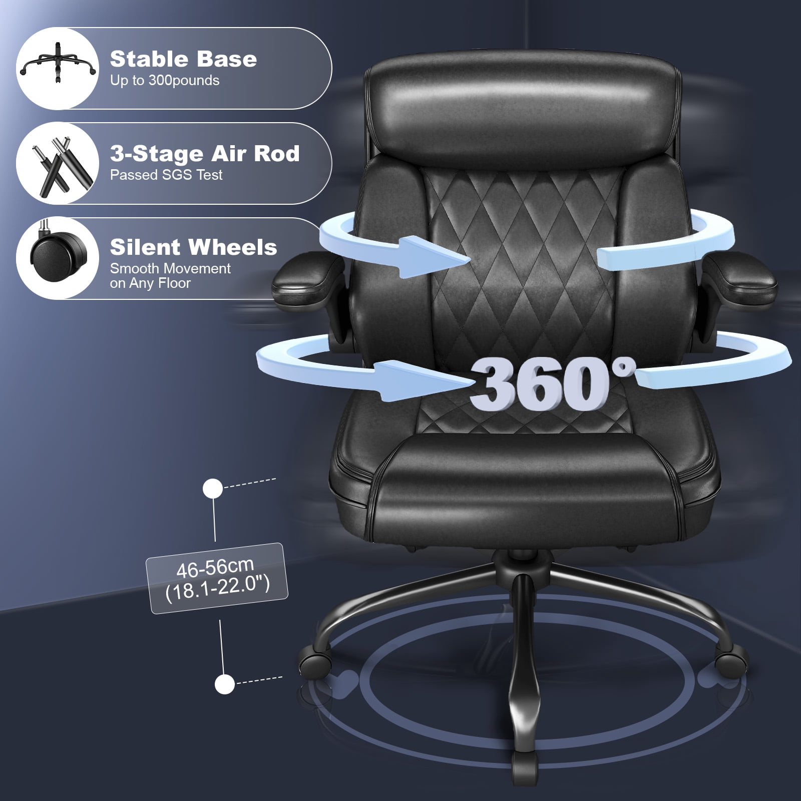 Mid-Back Executive Office Chair, Black PU Leather, Diamond-Stitched, Adjustable Armrests, Lumbar Support, Ergonomic Swivel Desk Chair