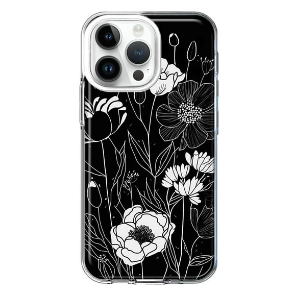 MUNDAZE Case for Apple iPhone 15 Pro Max Slim Hard Shell Soft TPU Hybrid Shockproof Heavy Duty Protective Phone Cover - Line Drawing Art White Floral Flowers