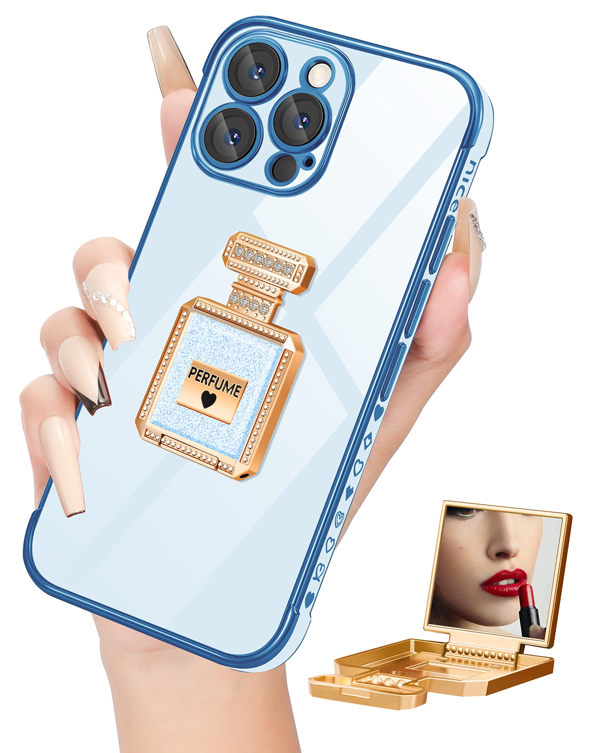 for iPhone 13 Pro Max Case with Metal Perfume Bottle Mirror Stand, Cute