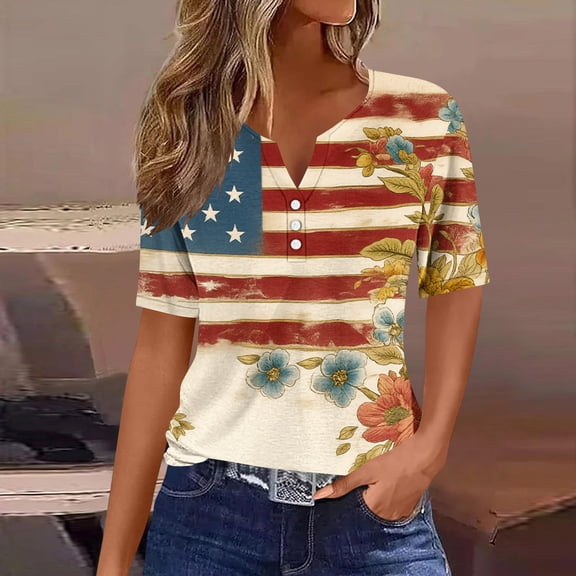 Vetsdori Summer T Shirts for Women American Flag 3/4 Sleeve Pullover Red White and Blue V-Neck Graphic 4th of July,Independence Day Casual Juniors Tops Fashion