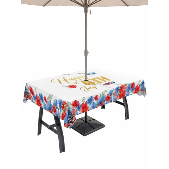 Outdoor Tablecloth with Umbrella Hole for Patio/Picnic/Party/Camping, 4th of July Waterproof Table Cloth Rectangle Table Cover Washable, Summer Red Blue Patriotic Flowers Leaves (60"x 102")