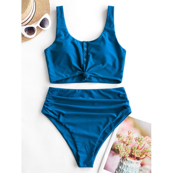 ZAFUL Snap Button Knotted Ruched Tankini Swimwear Blue 2XL