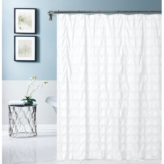 Dainty Home Crinkle White Plaid Textured Embossed Weaved Plaid Designed Fabric Shower Curtain 70"W x 72"L