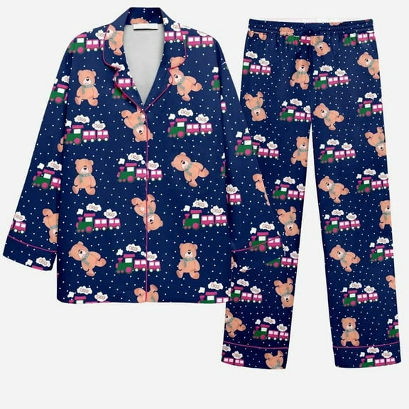 Teddy Bear Pajama Set | Cute Blue Long Sleeve Sleepwear for Women