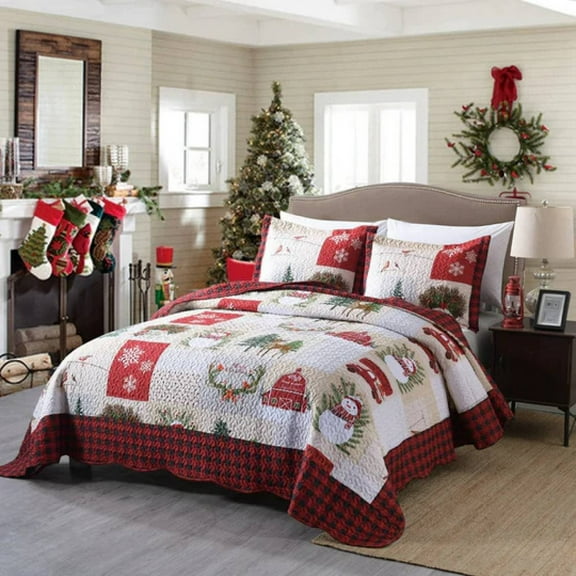 MarCielo Christmas Patterned Red and Green 3-piece Quilt Set King
