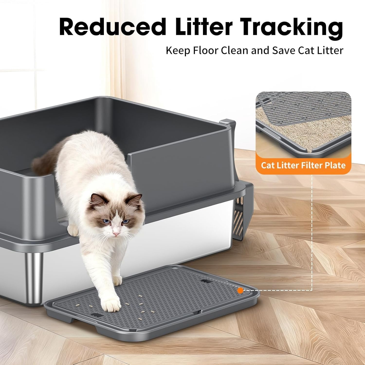 2PACK XXXL Stainless Steel  Litter Box with High Sides Lid, Large Litter Box for Big&Multiple Cats, Metal Kitty Litter Boxes with Footboard & Scoop, Anti-Leakage, Non-Sticky, 28.3x20.2x11.5inch