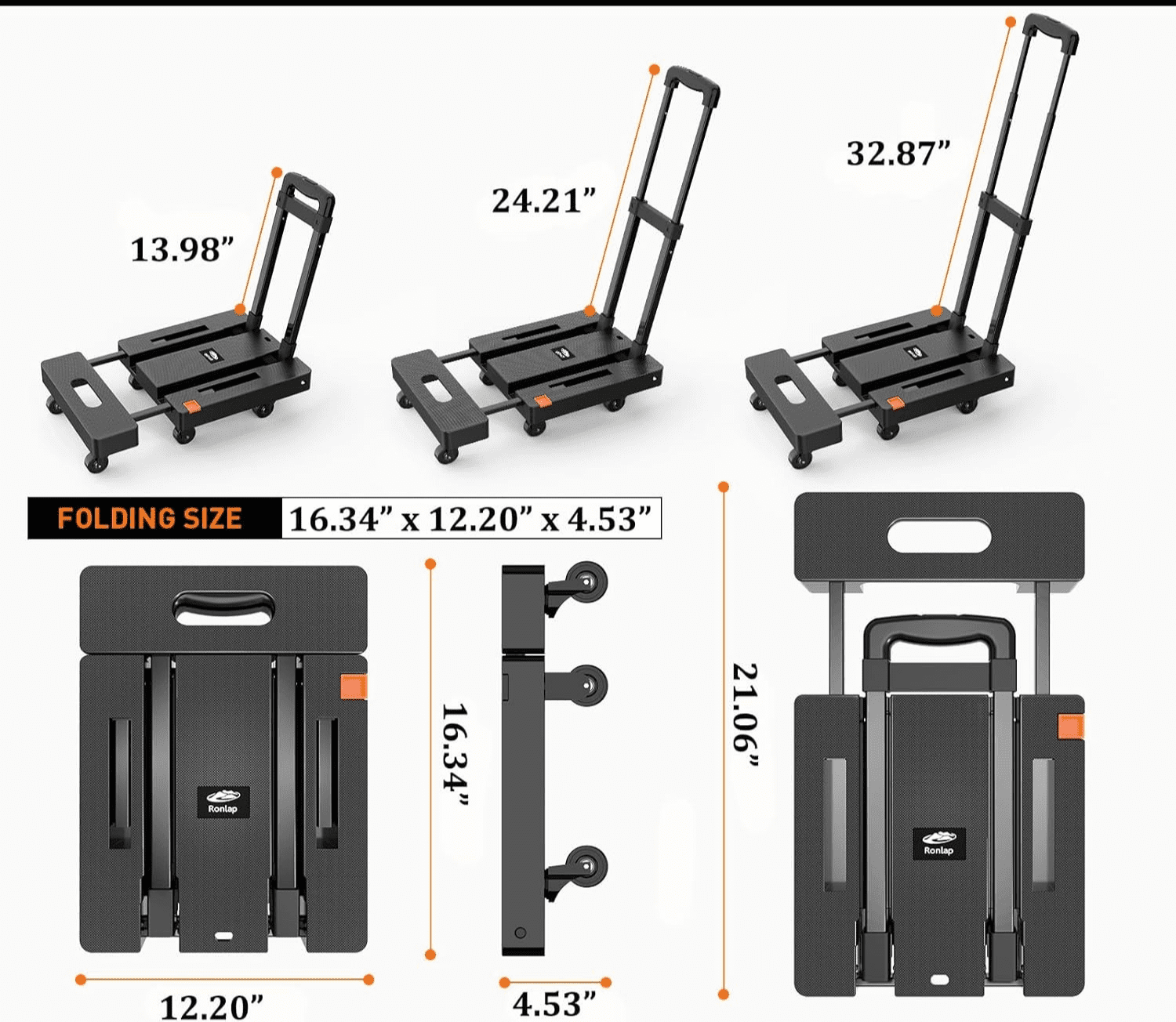 LLMRR Folding Hand Truck, Heavy Duty Dolly Cart, Collapsible Luggage Cart with 6 Wheels & 2 Elastic Ropes, 500 LB Capacity Portable Luggage Cart for Moving, Traveling and Shopping, Black