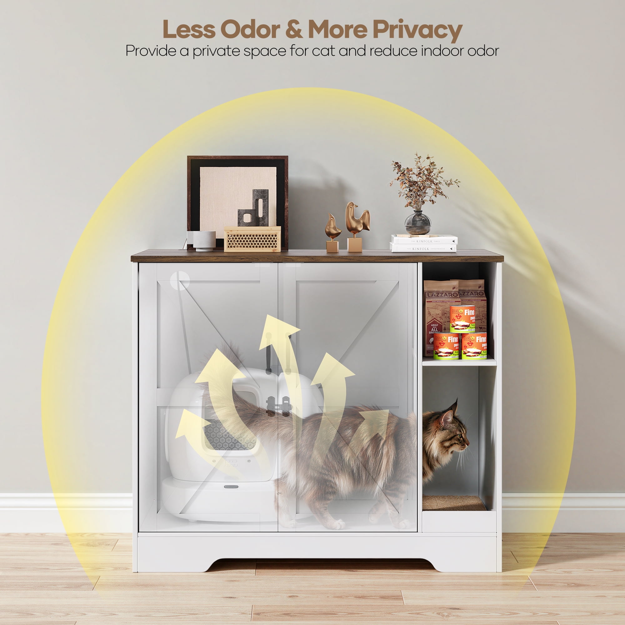 Naipo 42inch XL Litter Robot Enclosure with Power Outlet for Litter Robot 3/4 , Hidden Cat Litter Box Cabinet with Cat Scratch Pad , Dog Proof, White