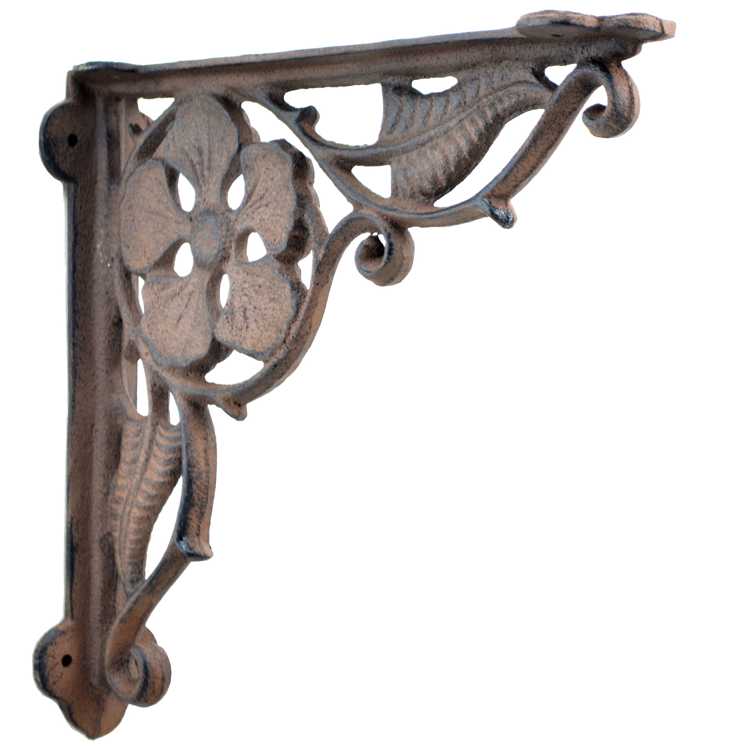 Decorative Shelf Bracket - Flower Leaf - Distressed Brown Cast Iron - 9.375"
