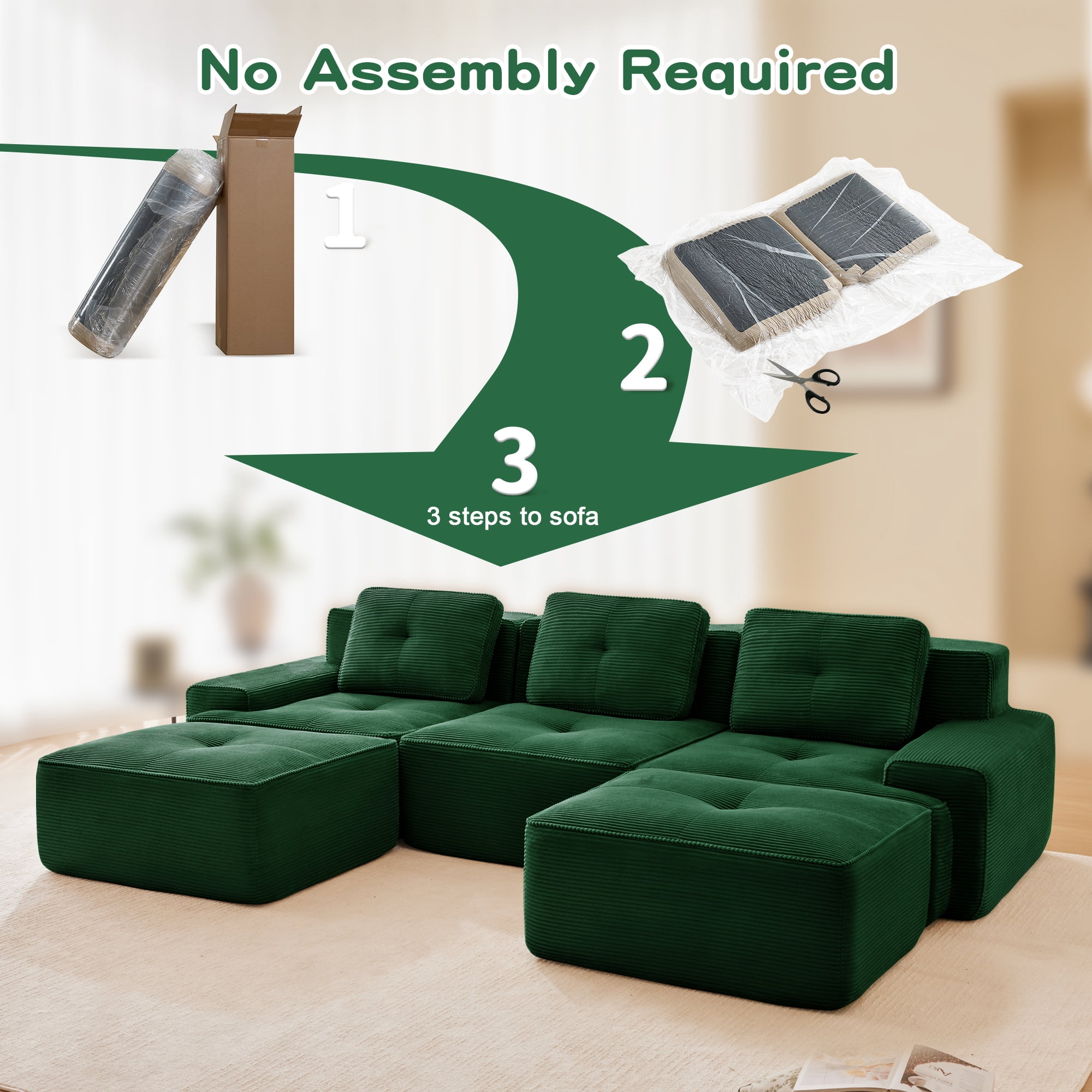 MOONMISS 117" Modern Corduroy Boneless Love Seat Couches with 2 Ottoman, 3 Seater Large Sectional Couches for Living Room, No Assembly,Green