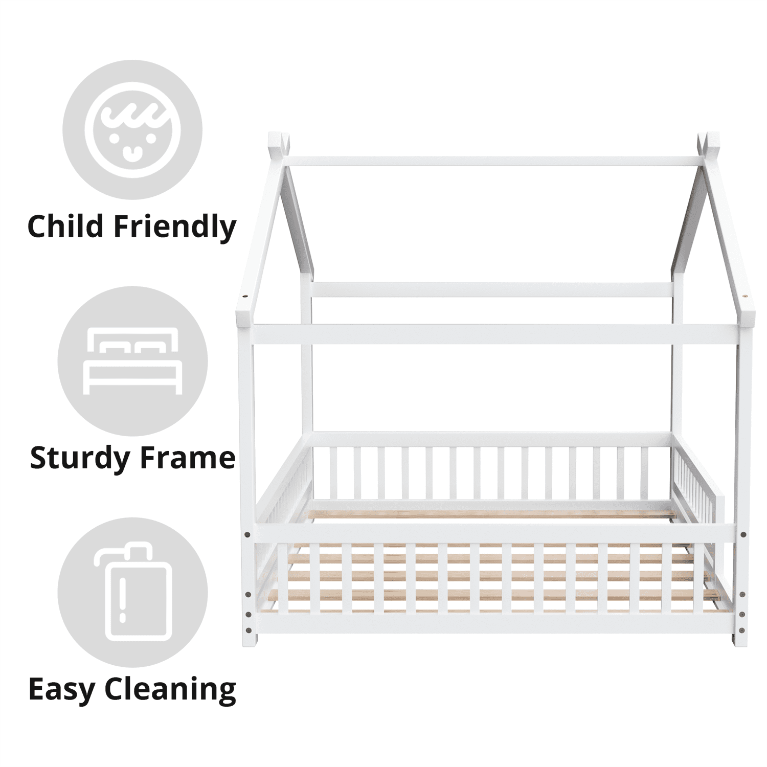 Twin Size House Floor Bed with Roof, Wooden Montessori Floor Bed Frame with Safety Fence and Wooden Slats, Montessori House Floor Bed for Boys and Girls, White