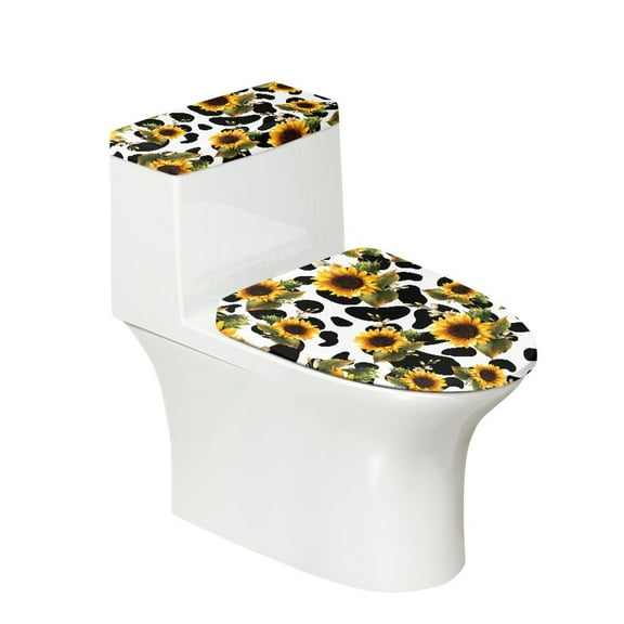 COEQINE Sunflower Cow Spot Toilet Lid Cover and Toilet Tank Cover, Machine Washable Elastic Bottom Replacement Toilet Cover 2 Piece Set, Fits Most Tanks & Lids