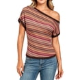 thumbnail image 3 of CAIXIA Off the Shoulder Tops for Women Short Sleeve Striped Shirt Slim Fit Hollow Out Crop Tops Summer Y2K Crochet Top, 3 of 5