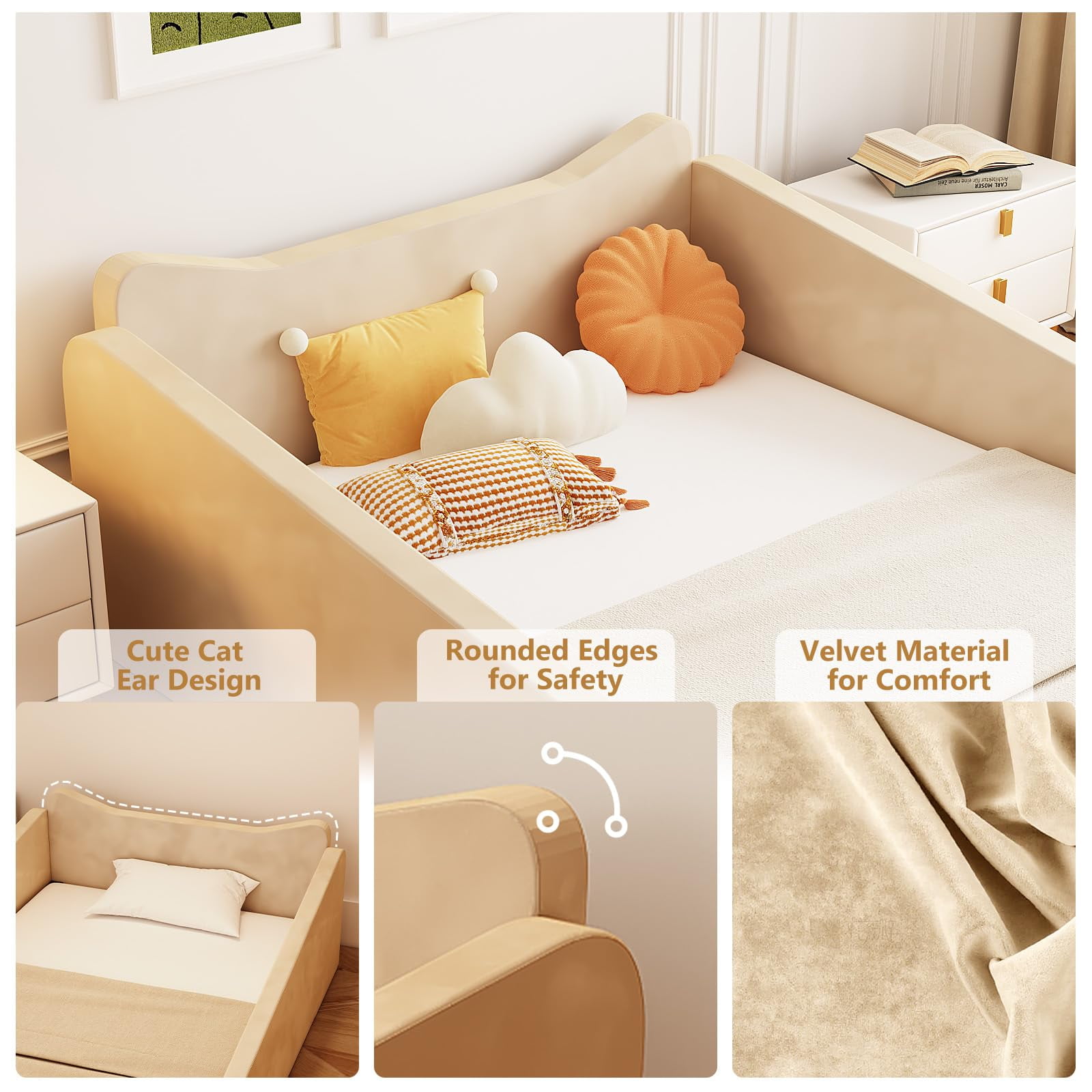 Zimtown Wood Bed, Floor Bed with Safety Guadrail, Montessori Bed with Soft Velvet Wood Bed, Mattress not Included (Beige)