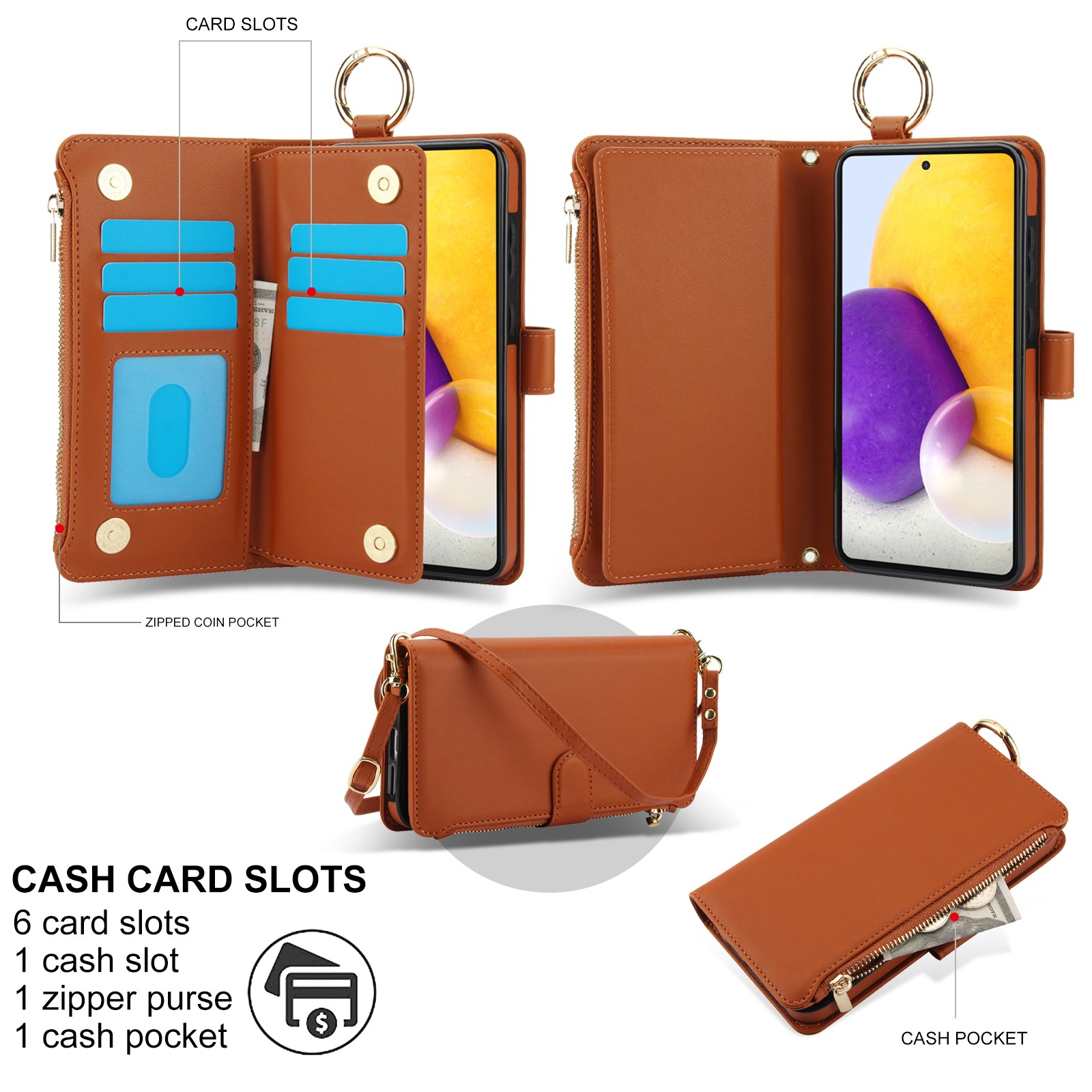 ELEHOLD For Samsung Galaxy A53 5G Phone Case Leather Crossbody Zipper Card Wallet Flip Case Kickstand Cover, with Ring Holder,Full Body Protection-Brown