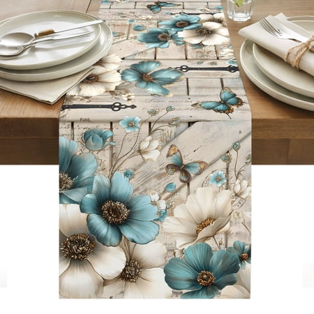 Vintage Tulip Cotton Linen Table Runner Farmhouse White Blue Flower Butterfly Barn Door Dining Table Runners for Home Decor Party Dining Room Restaurant Kitchen Party 13 x 90