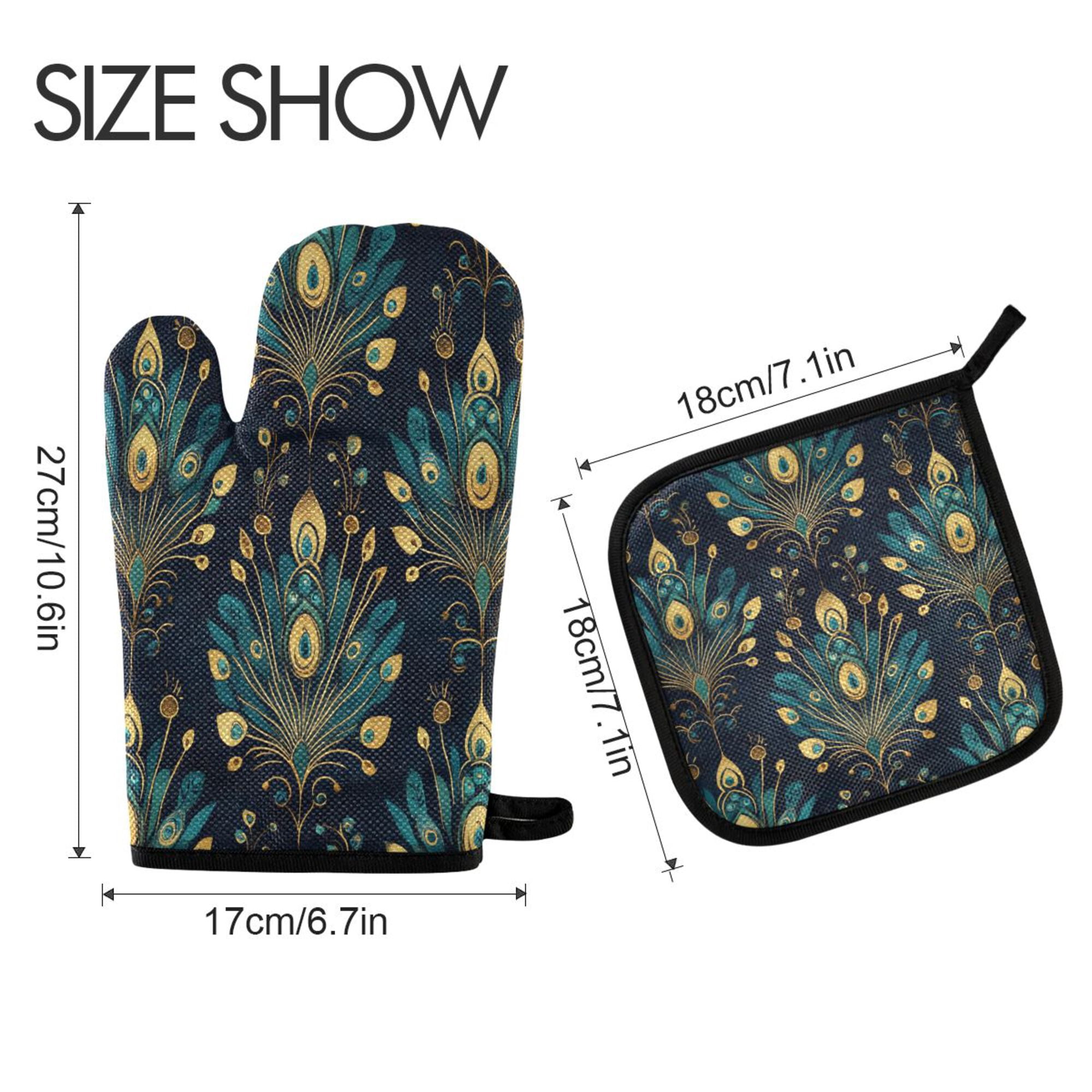Yayeee Oven Mitts and Pot Holder Set of 4 Heat Resistant Kitchen Gloves Baking Hot Pad, Gold Peacock Pattern