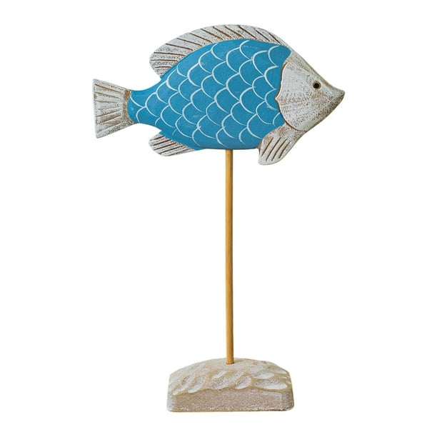 Escultura de pez de madera sobre soporte, decoración náutica, escritorio, dormitorio costero de playa, estilo rústico. Azul claro