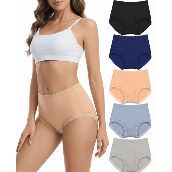 MecTo Womens Cotton Underwear 5 Pack Lace Trim High Waisted Panties Breathable Wicking Briefs