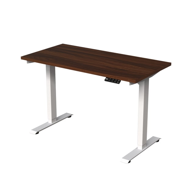 Escritorio Eléctrico de Altura Ajustable Base Blanca Tablero 120x60 Madera Obscura