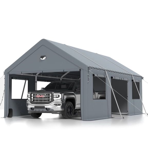 12 ft. W x 20 ft. D Carport Canopy with Side Doors, Heavy Duty Car Ports with Sidewalls, Drive Through Portable Garage, Grey