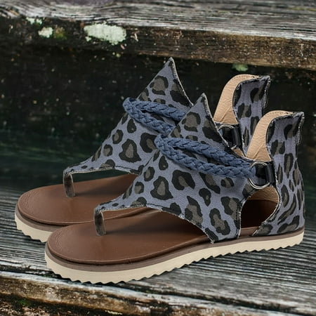 

uikmnh Women Shoes Fashion Leopard Print Canvas Clip Toe Zipper Casual Flat Sandals Blue 7